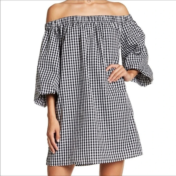 Soprano Off Shoulder Gingham Check Dress S Plaid - Picture 1 of 6